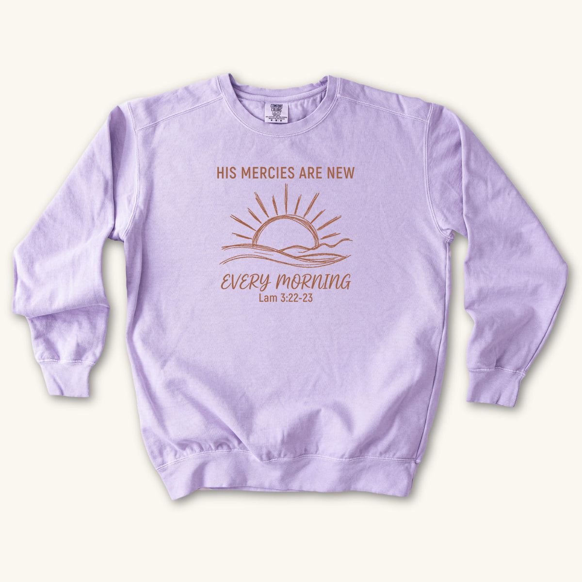 Orchid Christian sweatshirt with minimalist sunrise line art reading His mercies are new every morning, Lamentations 3:22-23