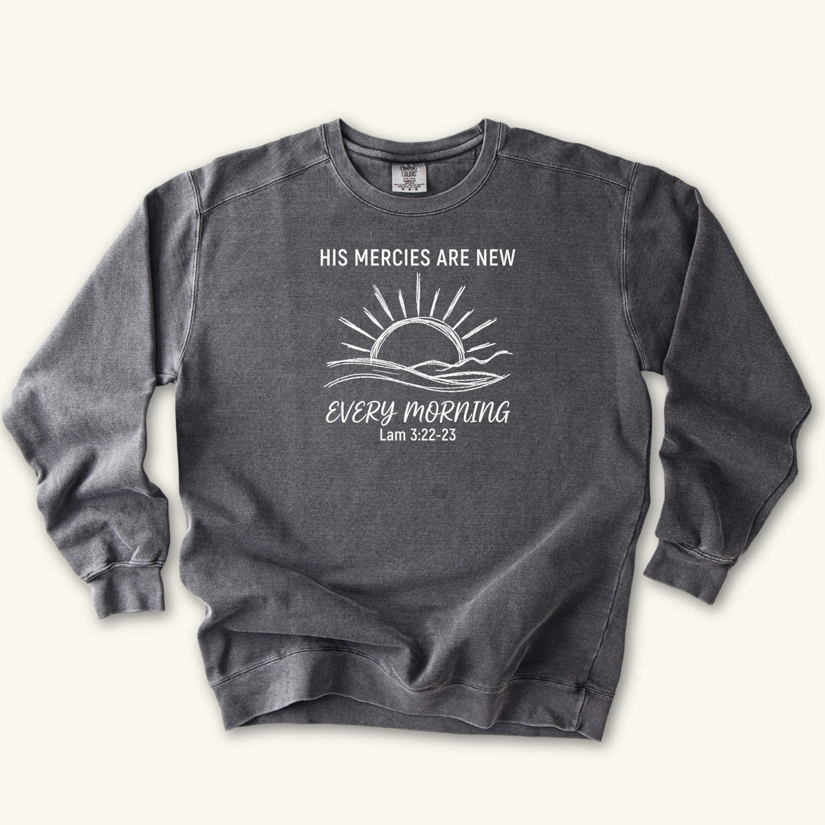 Pepper Christian sweatshirt with minimalist sunrise line art reading His mercies are new every morning, Lamentations 3:22-23