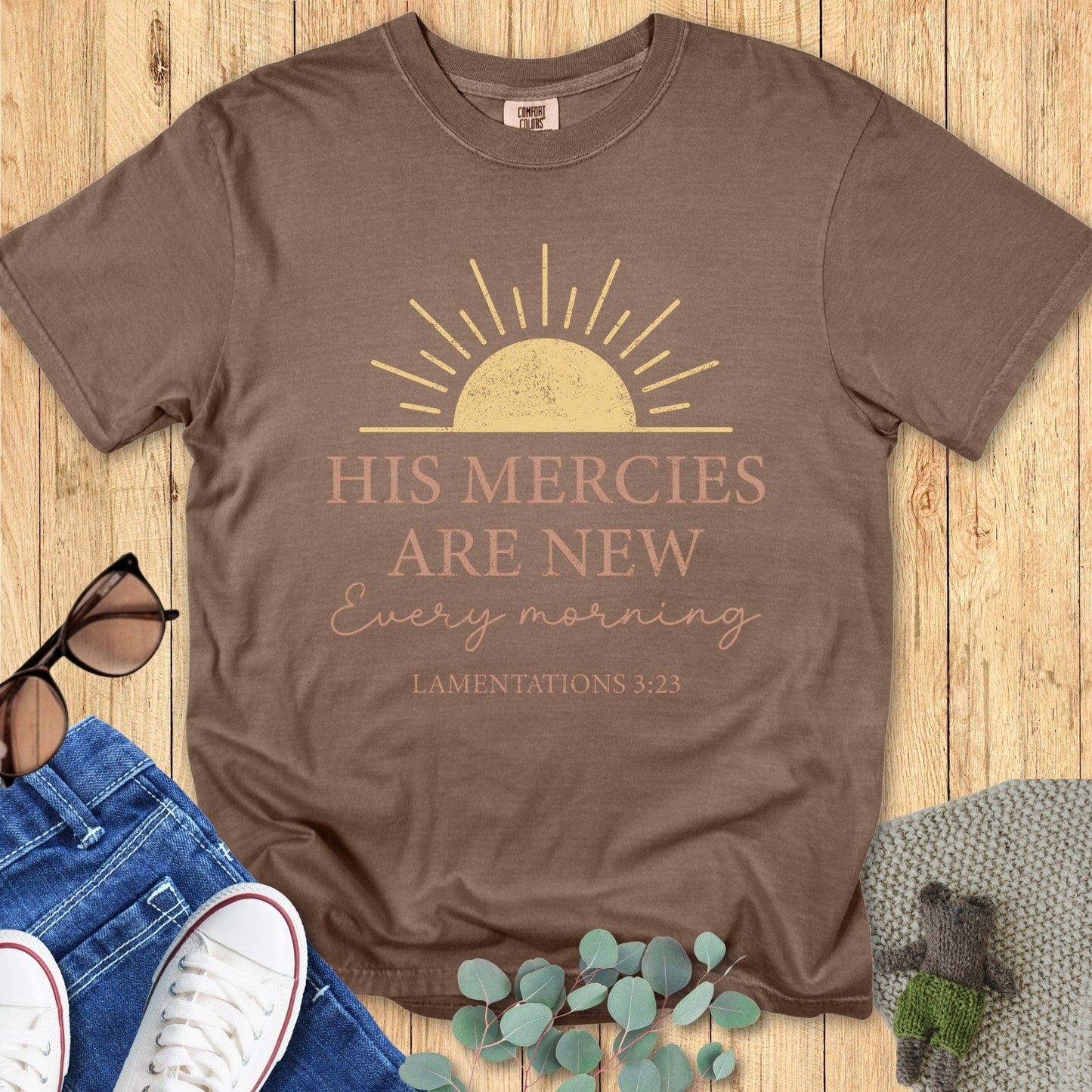 Comfort Colors 1717 espresso brown “His Mercies Are New Every Morning – Lamentations 3:23” t-shirt styled with denim and cozy accessories. A modern Christian shirt from faith-based apparel for women.