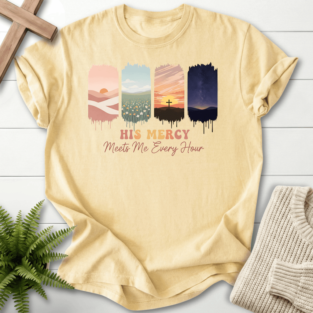 Banana women's Christian t-shirt with a cross-at-sunset panel and colorful landscape art