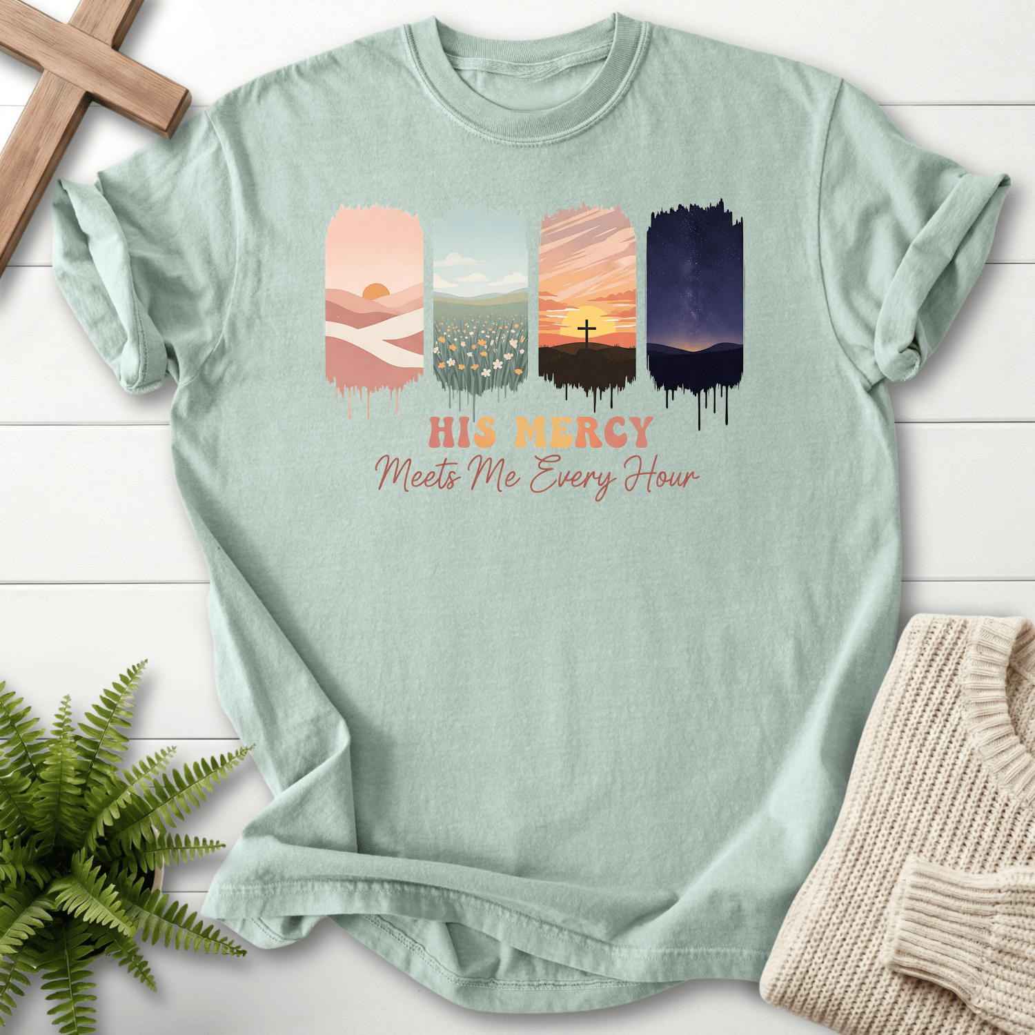 Bay women's Christian t-shirt with four scenic panels and script lettering, She Wears Faith