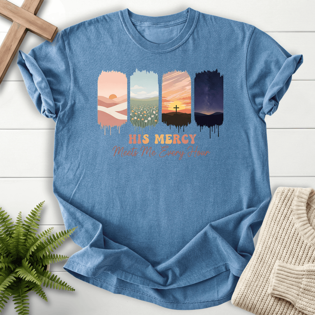 Blue Jean women's Christian t-shirt with painted four-panel nature scenes and "His Mercy Meets Me Every Hour" lettering