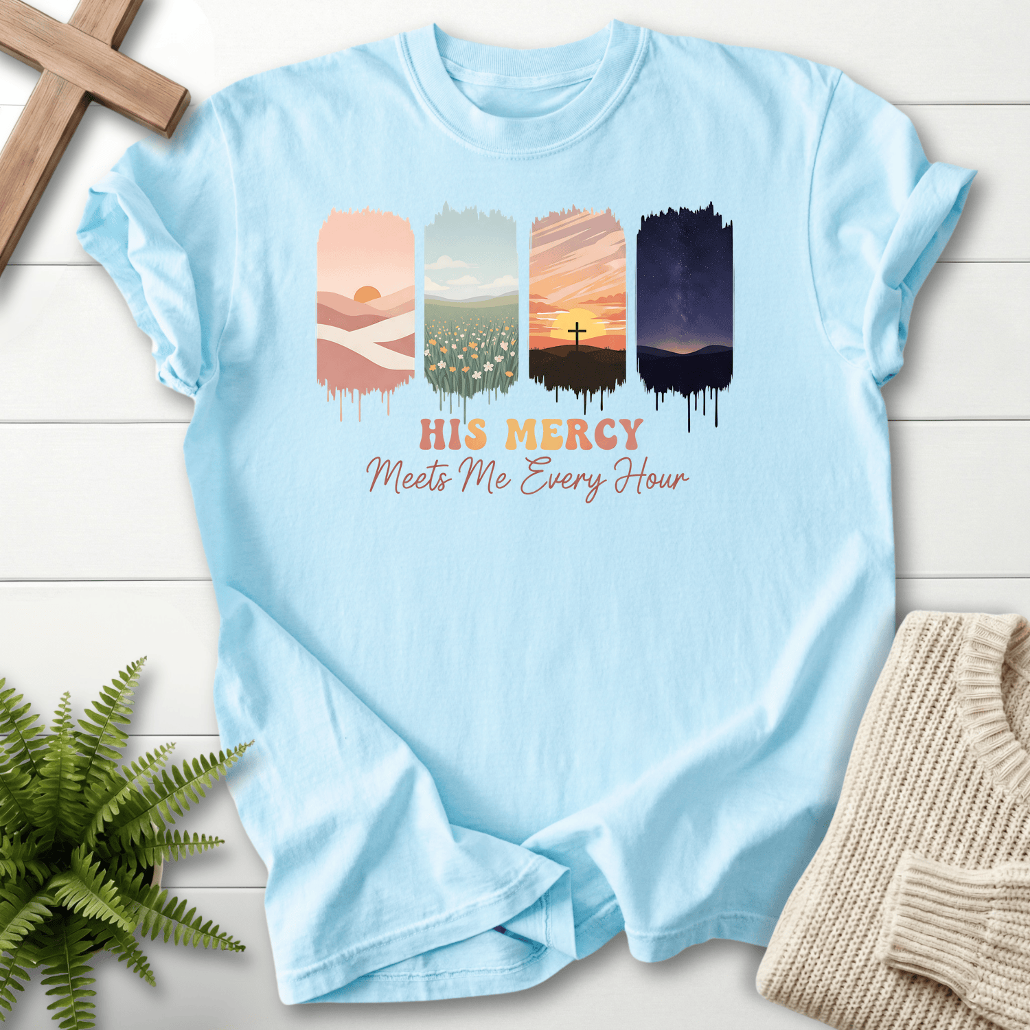Chambray women's Christian t-shirt with sunrise, meadow, cross, and starfield panels