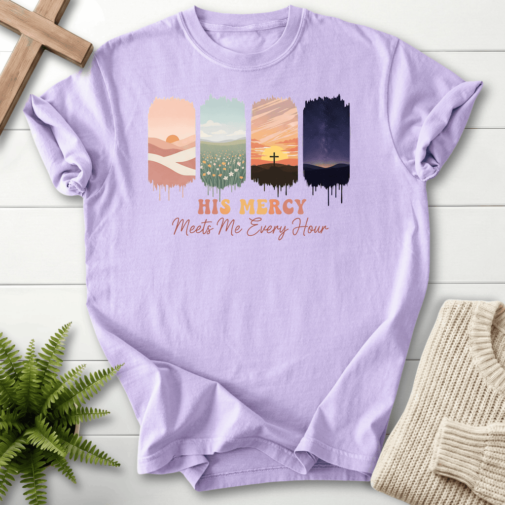 Orchid women's Christian t-shirt with multicolor landscape panels and "His Mercy Meets Me Every Hour" lettering, Comfort Colors 1717