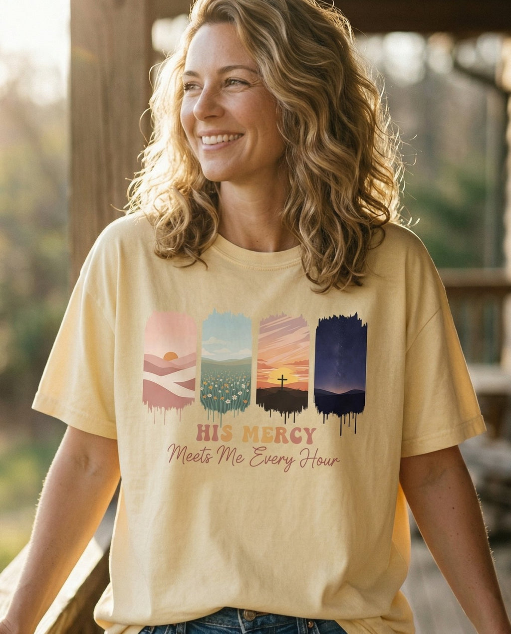 His Mercy Meets Me Every Hour – Banana women's Christian tee, lifestyle photo in sunny porch – Four vertical panels showing different landscape scenes (sunrise over  – She Wears Faith
