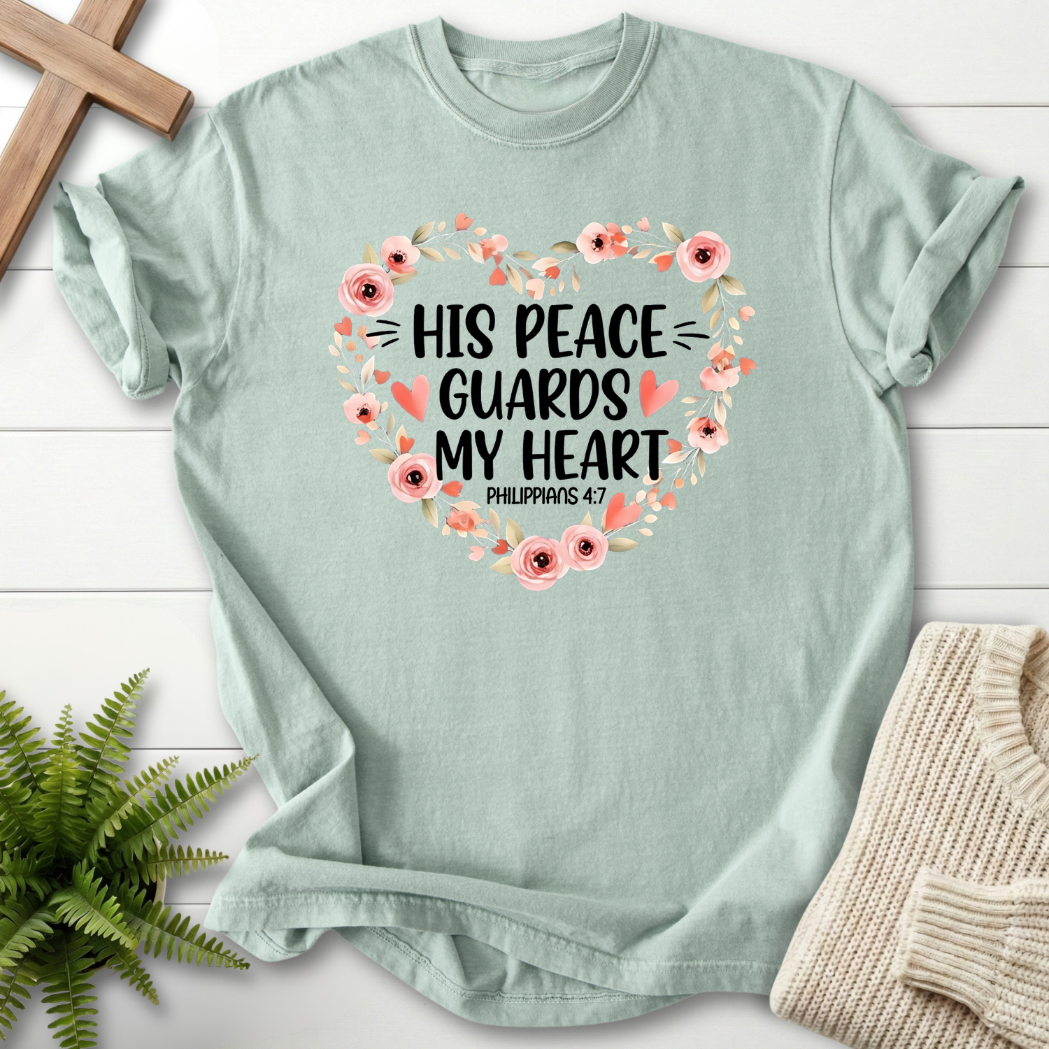 Bay women's Christian t-shirt with a watercolor rose and leaf heart wreath, Comfort Colors 1717