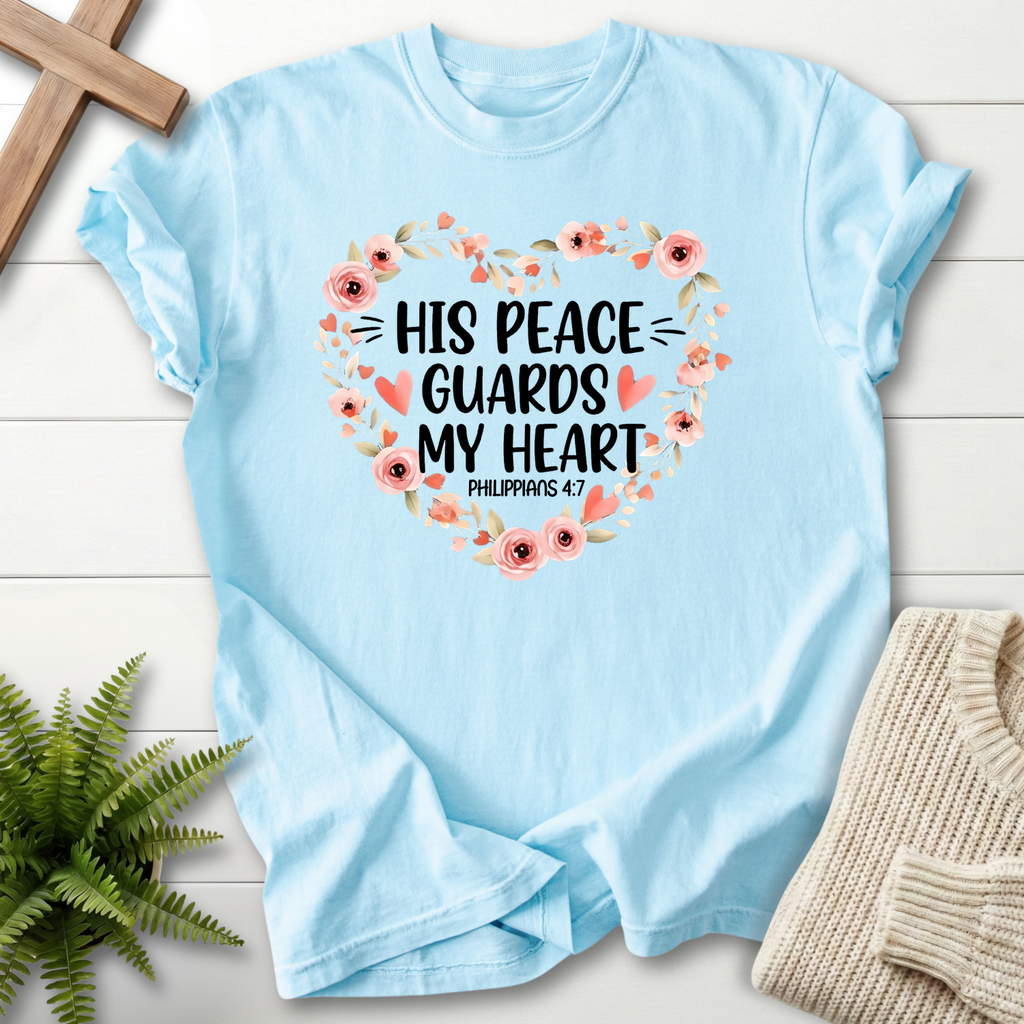 Chambray women's Christian t-shirt with rose heart border and bold scripture, She Wears Faith