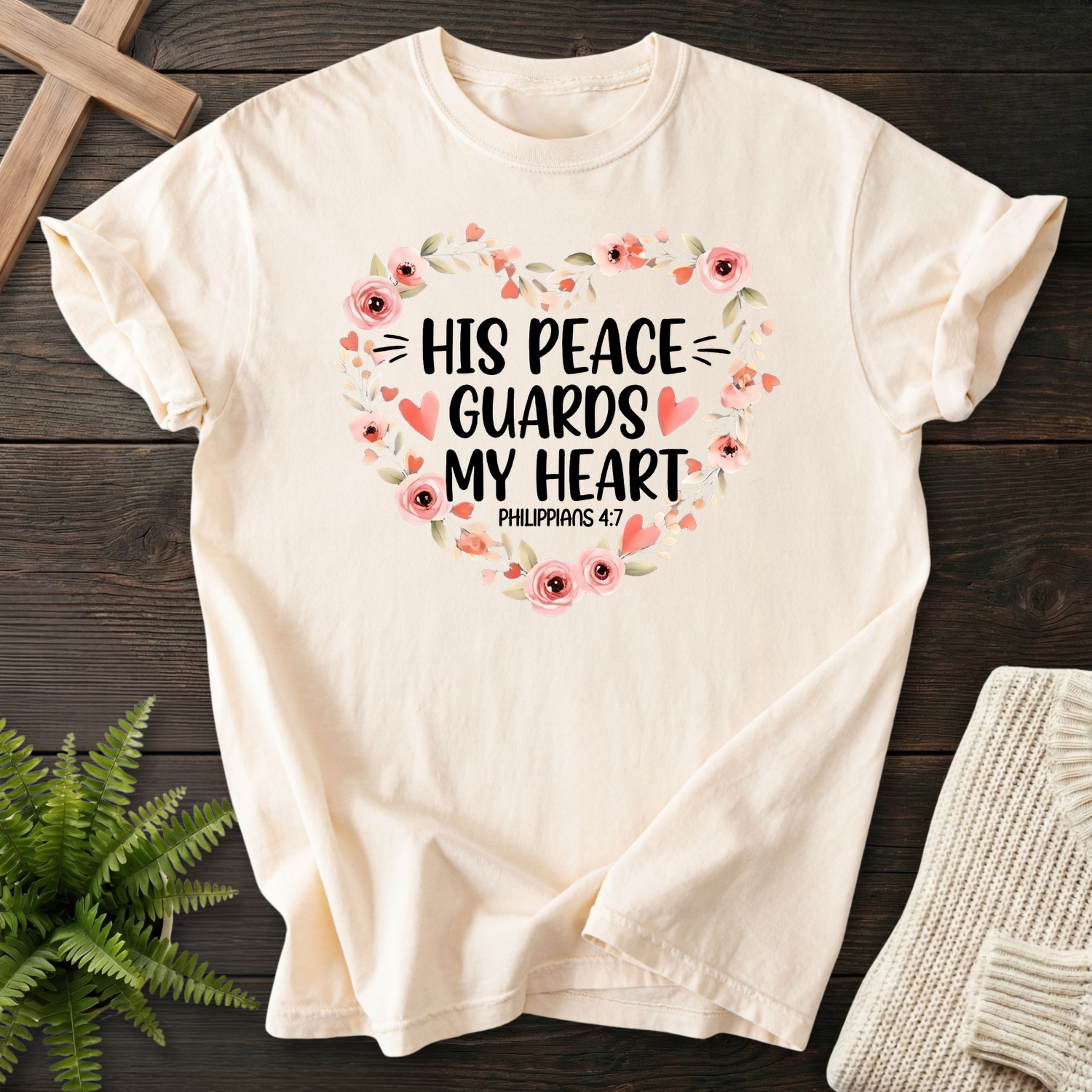 Ivory women's Christian t-shirt with a floral rose heart frame, inspired by Philippians 4:7