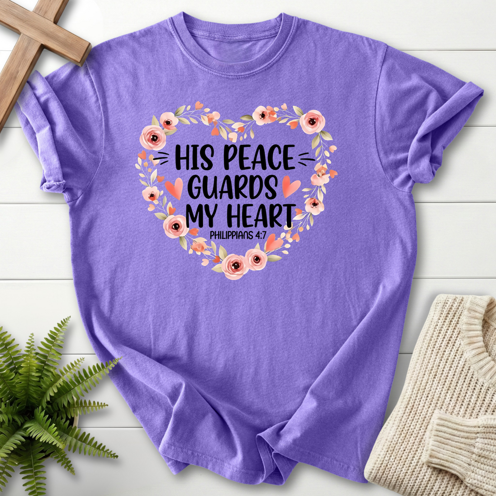 Violet women's Christian t-shirt with a botanical heart frame, inspired by Philippians 4:7