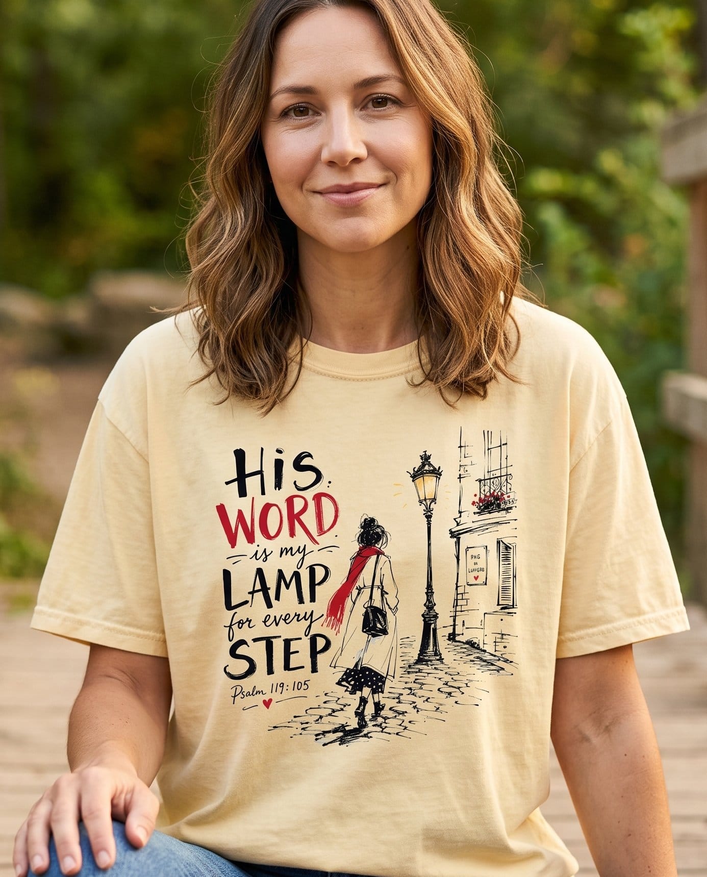 His Word Is My Lamp Psalm 119:105 – Banana women's Christian tee, lifestyle photo in nature trail – Fine ink-line illustration of a woman in a long coat and red scarf wal – Psalm 119:105 – She Wears Faith