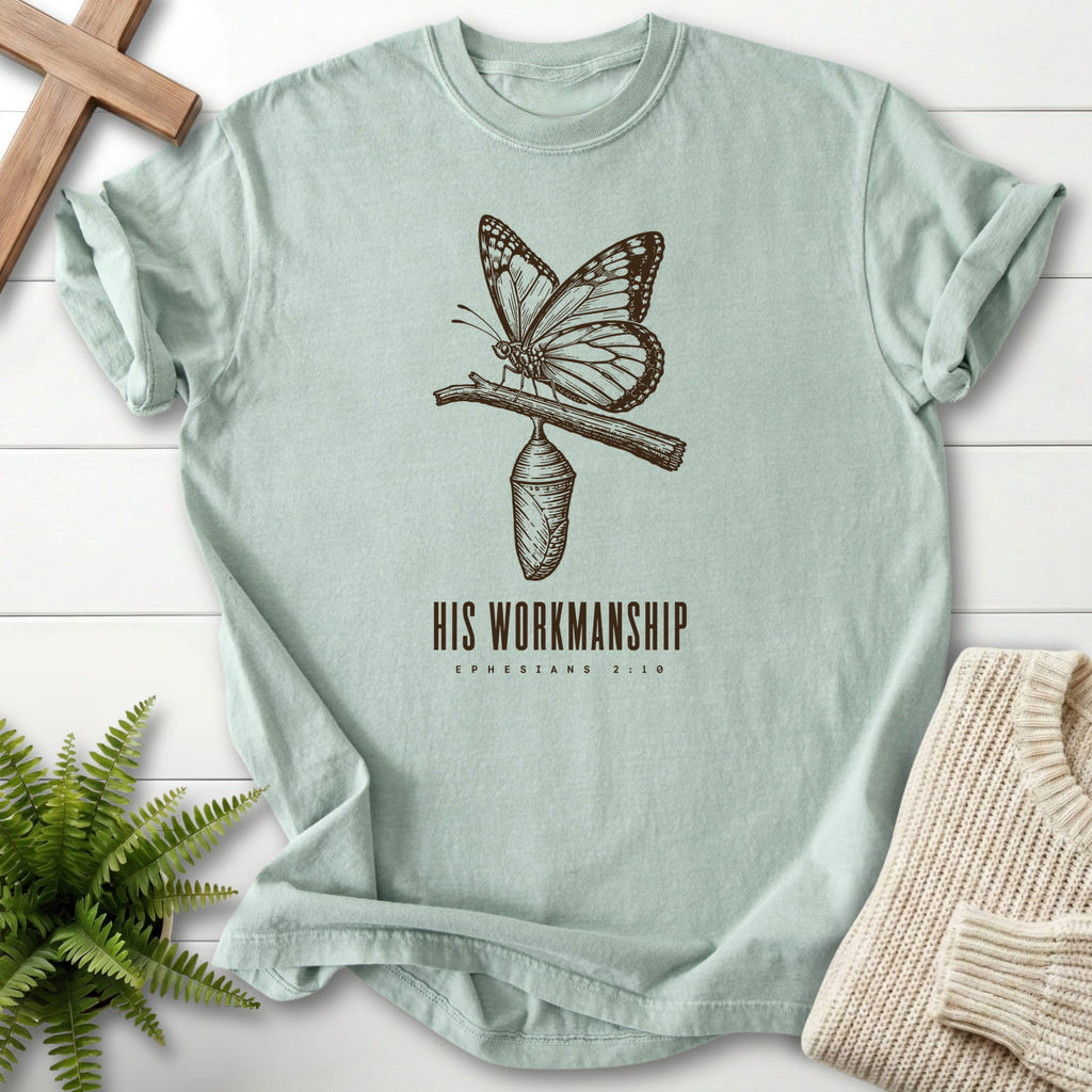 Bay color option for the His Workmanship tee with butterfly artwork with "His Workmanship T-Shirt" for women's faith apparel.