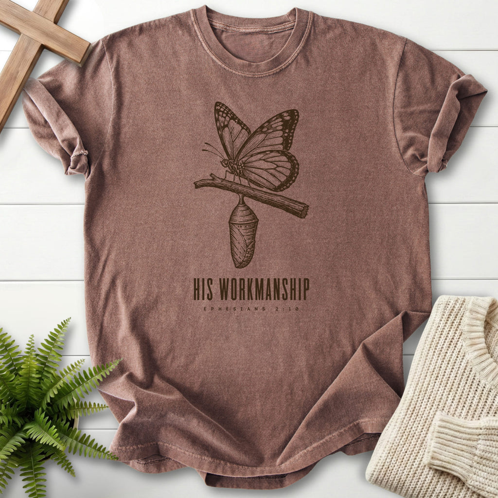 Espresso color option for the His Workmanship Christian graphic tee with butterfly artwork with "His Workmanship T-Shirt".