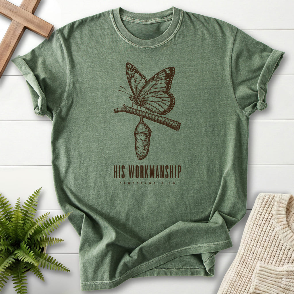Moss color option for the His Workmanship Christian shirt with butterfly artwork with "His Workmanship T-Shirt".
