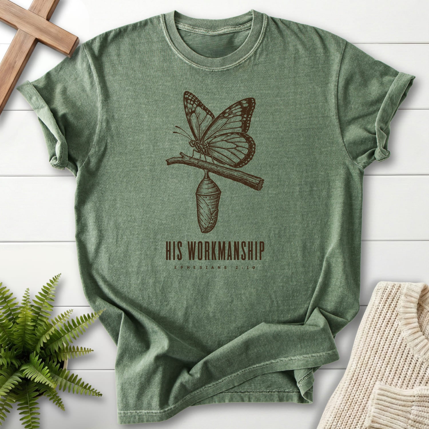 Moss color option for the His Workmanship Christian shirt with butterfly artwork with "His Workmanship T-Shirt".