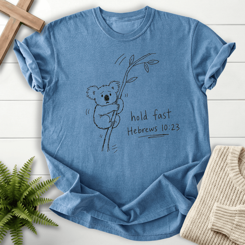 Hold Fast Hebrews 10:23 T-Shirt in Blue Jean | She Wears Faith