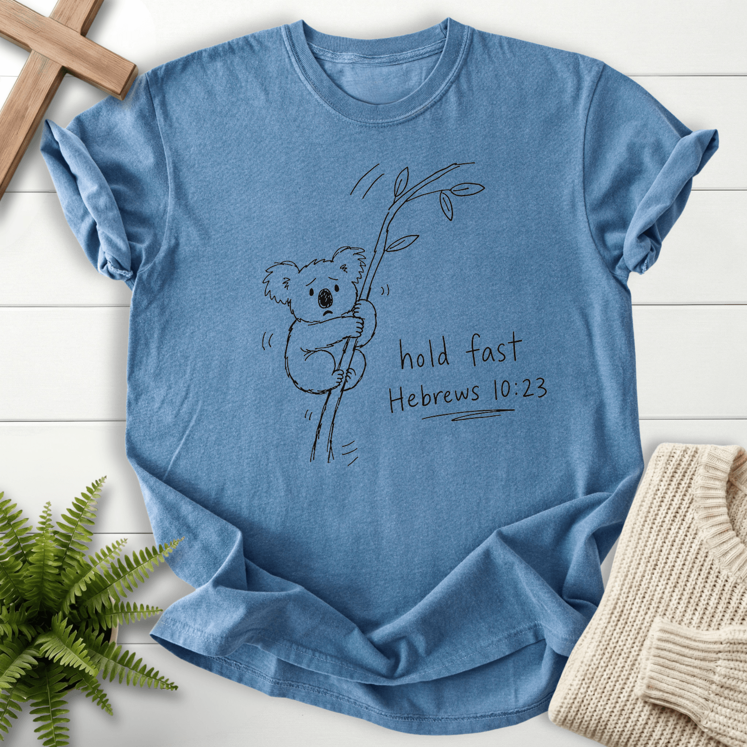 Hold Fast Hebrews 10:23 T-Shirt in Blue Jean | She Wears Faith