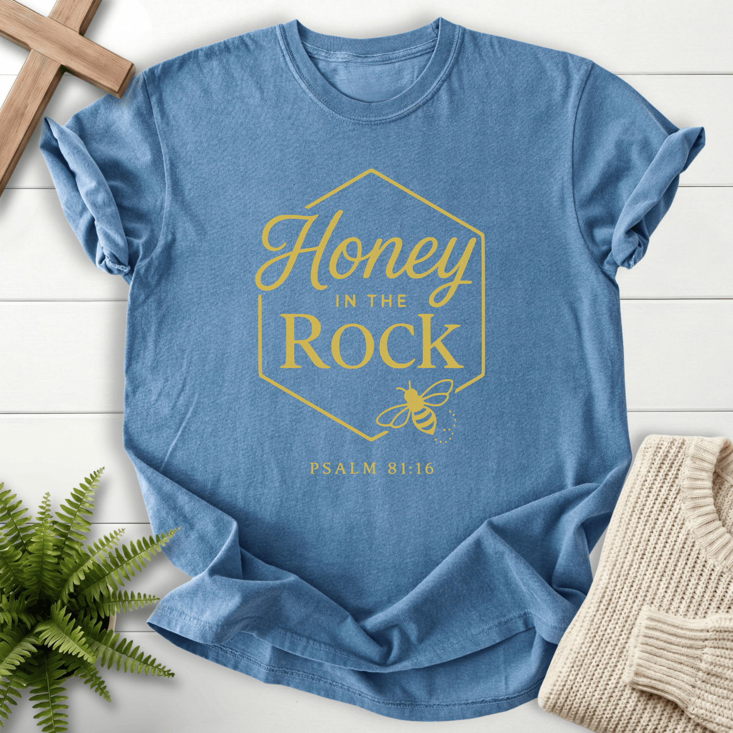 Blue Jean women's Christian t-shirt with "Honey in the Rock" bee and hive artwork, inspired by Psalm 81:16.