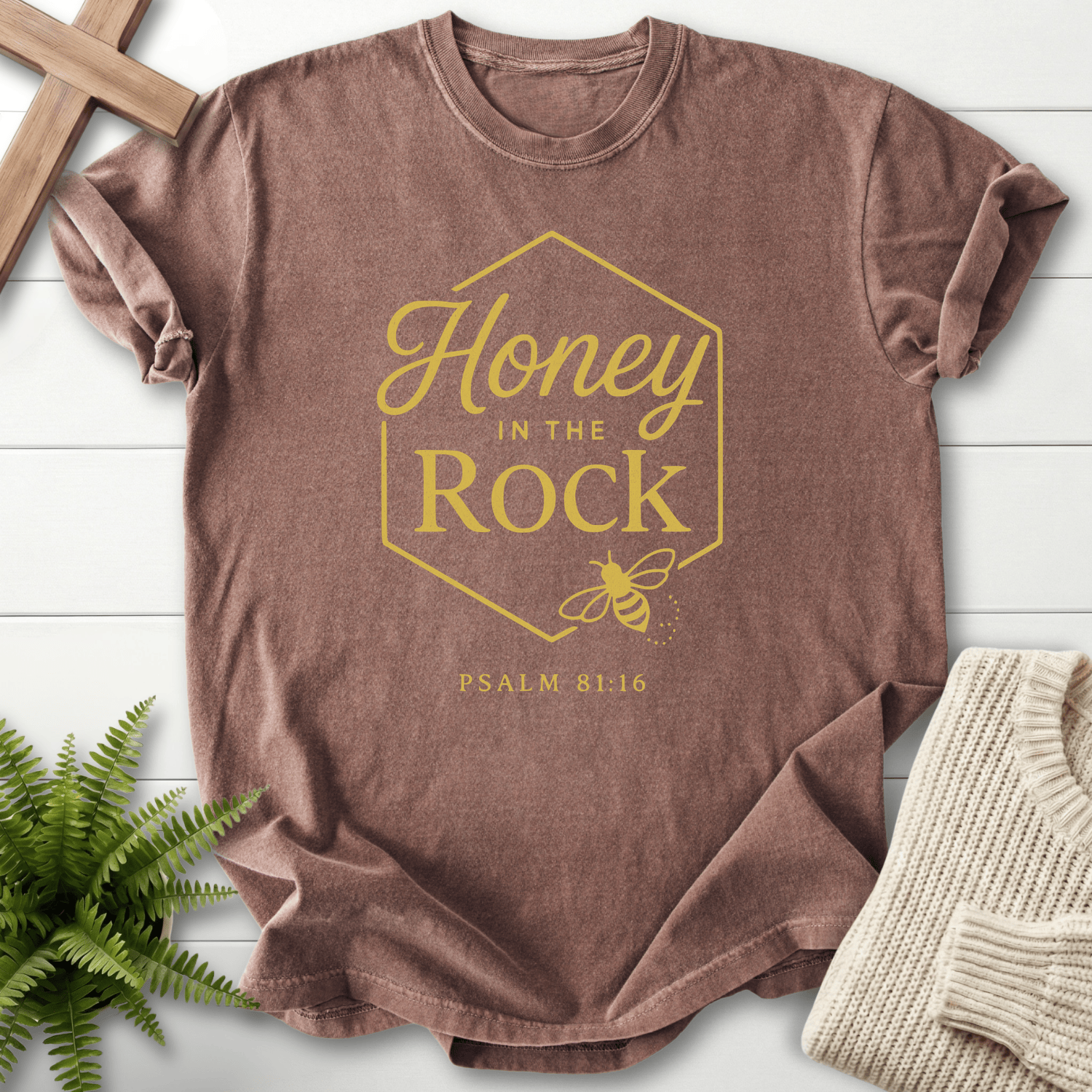 Espresso women's Christian t-shirt with script lettering inside a honeycomb frame, inspired by Psalm 81:16.