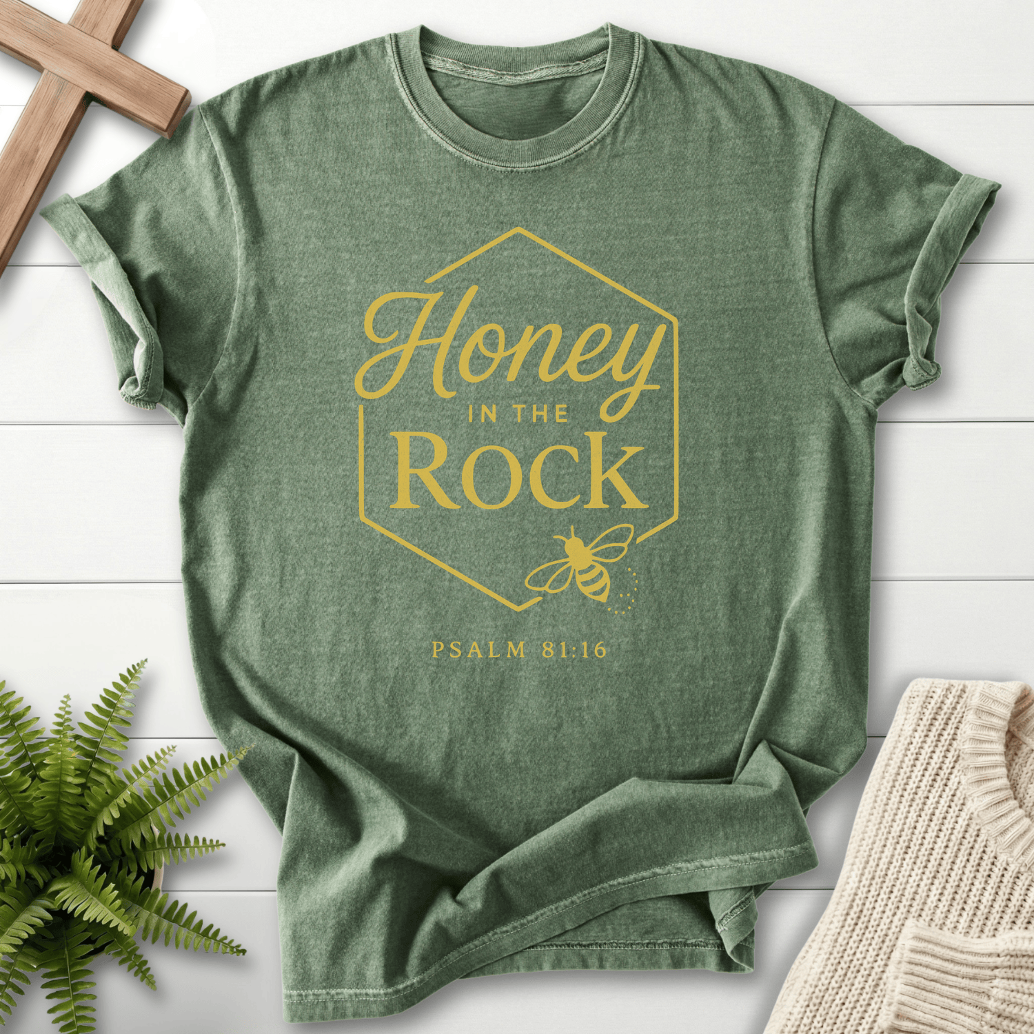 Moss women's Christian t-shirt with a honeybee and geometric gold hexagon border, inspired by Psalm 81:16.