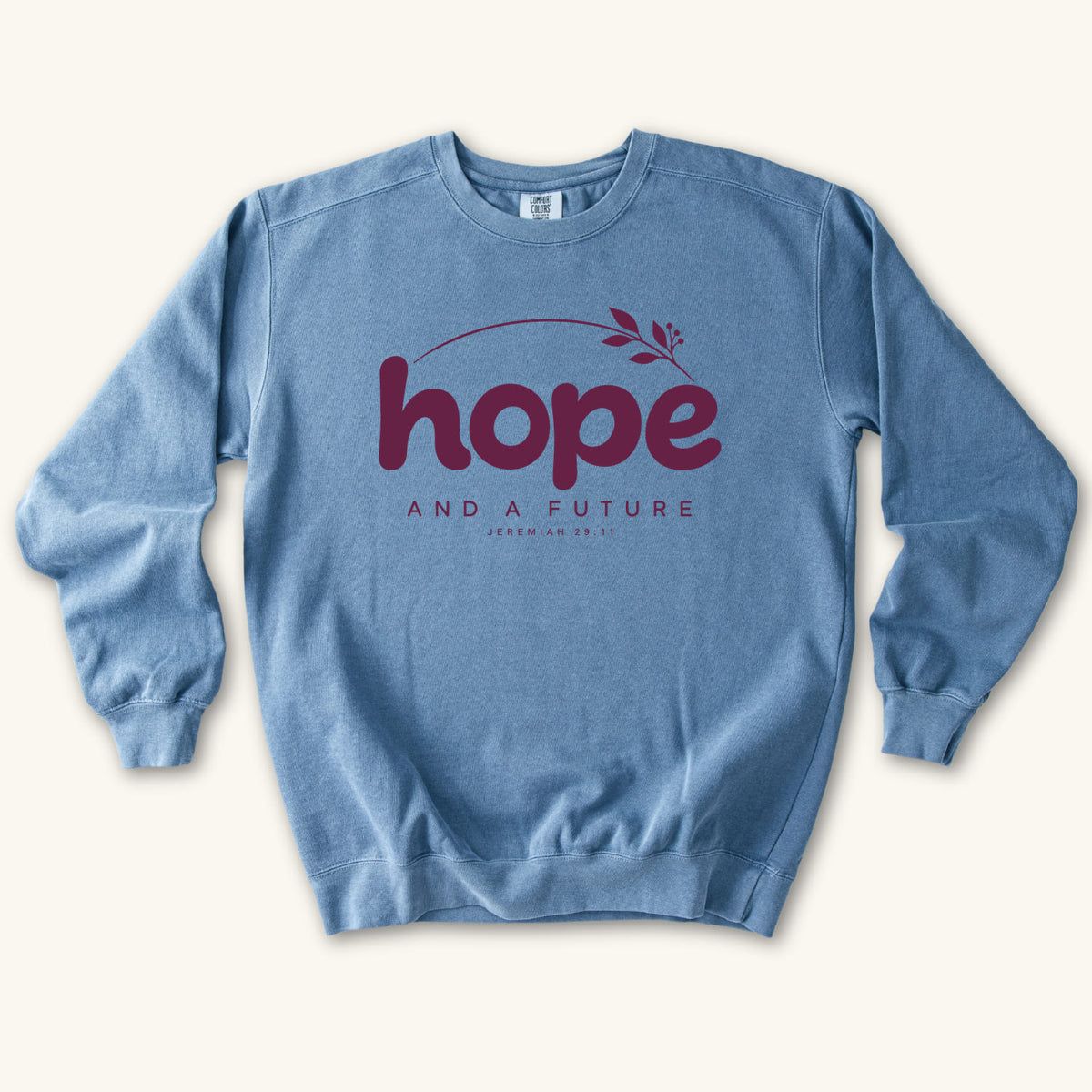 Blue Jean Hope and a Future Botanical sweatshirt flat lay mockup, Jeremiah 29:11 Christian apparel for women