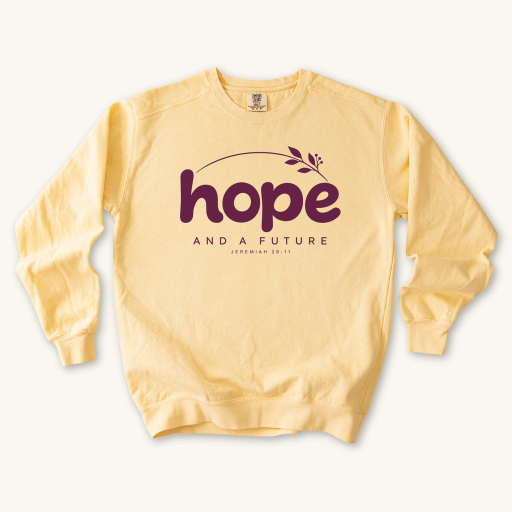 Butter Hope and a Future Botanical sweatshirt flat lay mockup, Jeremiah 29:11 Christian apparel for women