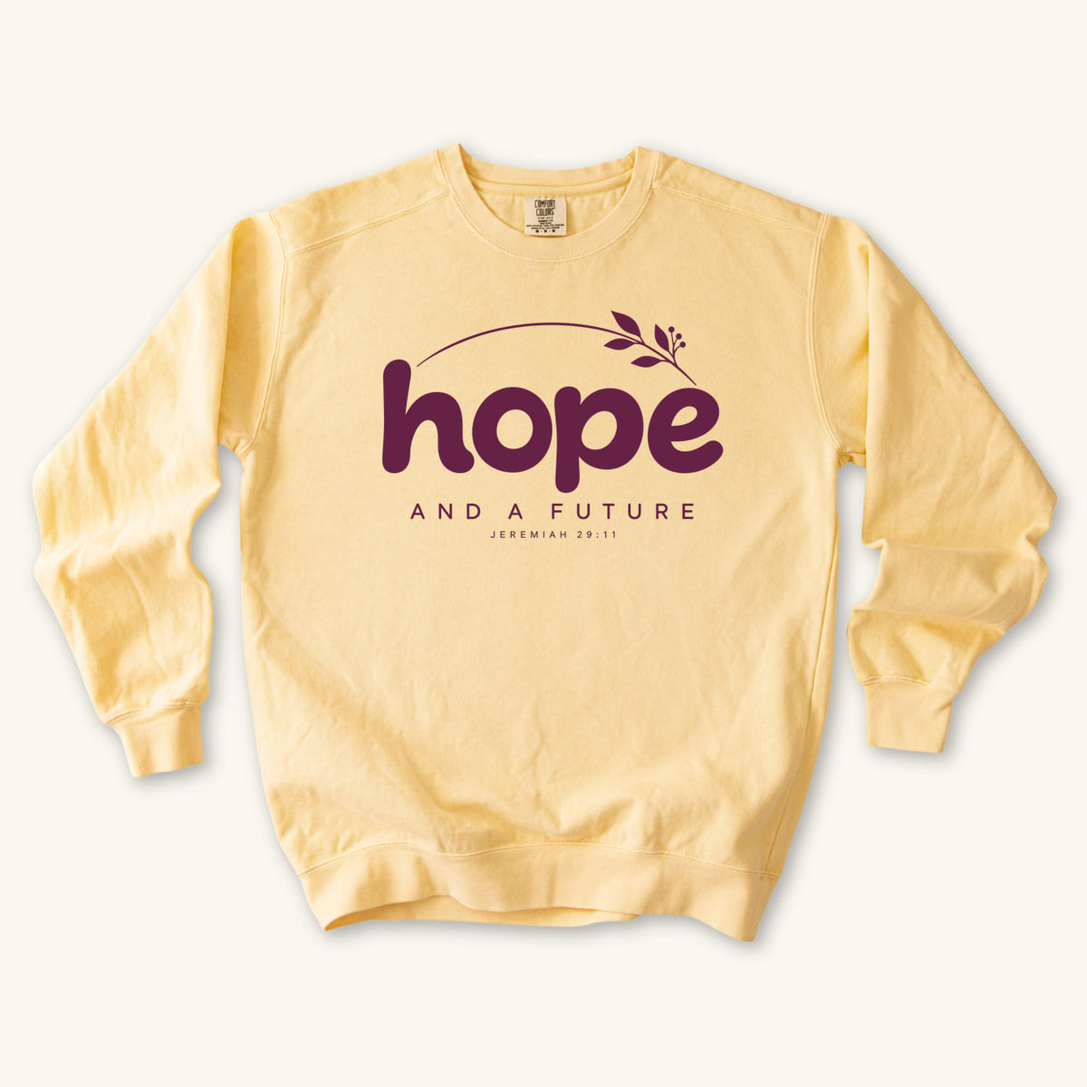 Butter Hope and a Future Botanical sweatshirt flat lay mockup, Jeremiah 29:11 Christian apparel for women