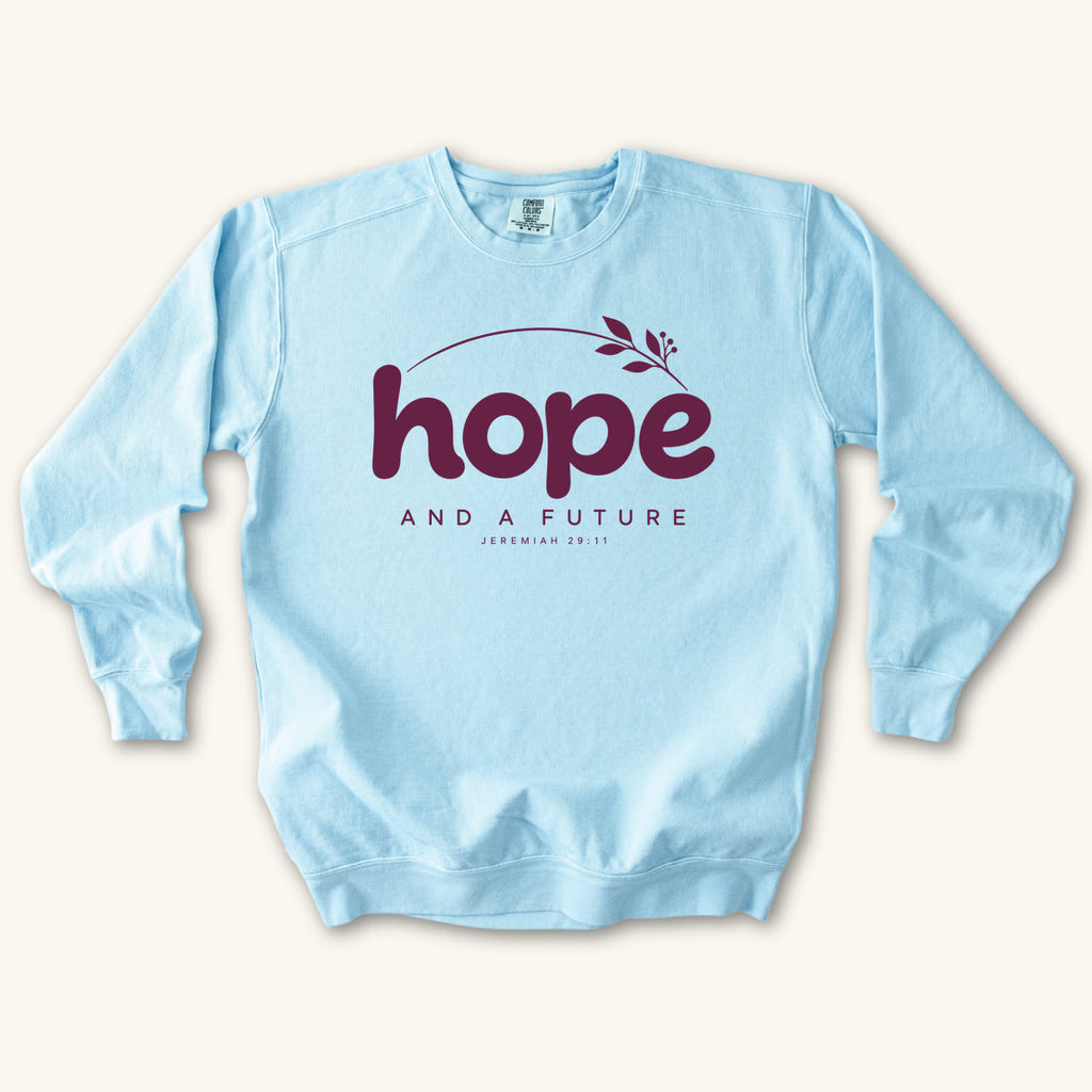 Chambray Hope and a Future Botanical sweatshirt flat lay mockup, Jeremiah 29:11 Christian apparel for women