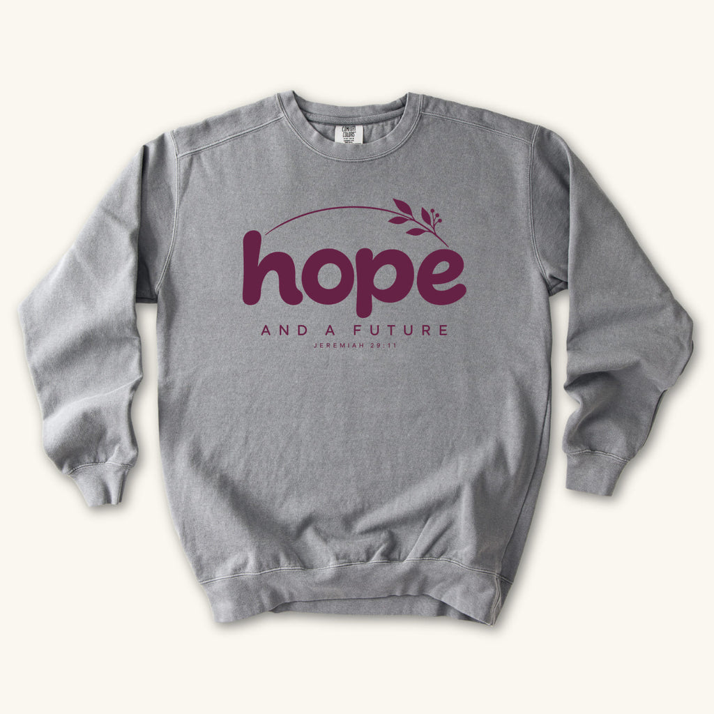 Grey Hope and a Future Botanical sweatshirt flat lay mockup, Jeremiah 29:11 Christian apparel for women