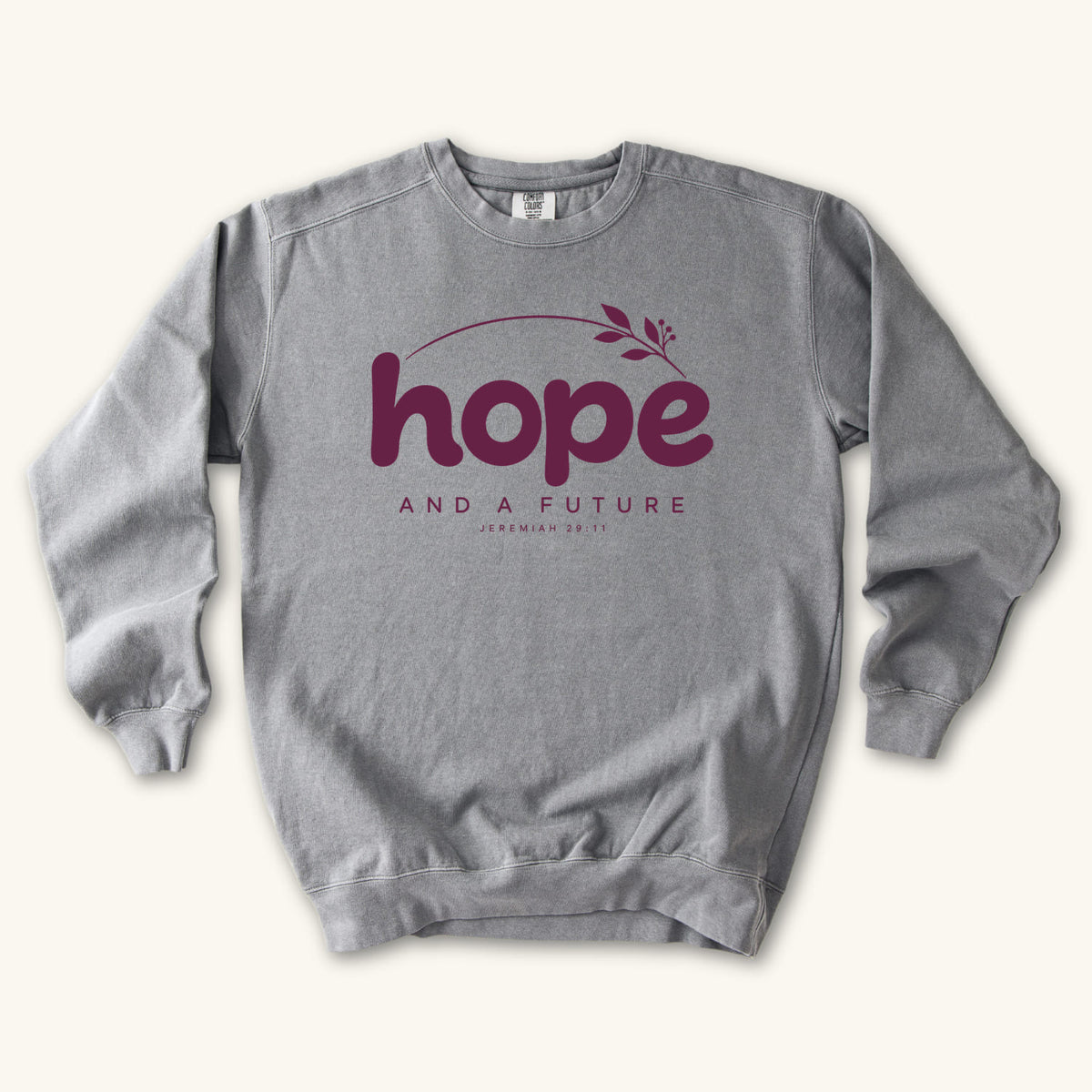 Grey Hope and a Future Botanical sweatshirt flat lay mockup, Jeremiah 29:11 Christian apparel for women