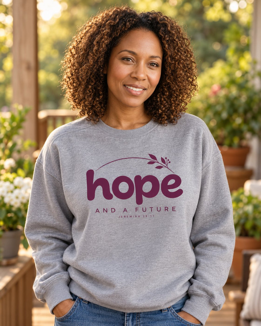 Hope and a Future Botanical, Grey women's Christian sweatshirt, lifestyle photo in sunny porch, Rounded hope lettering with a leafy sprig, She Wears Faith