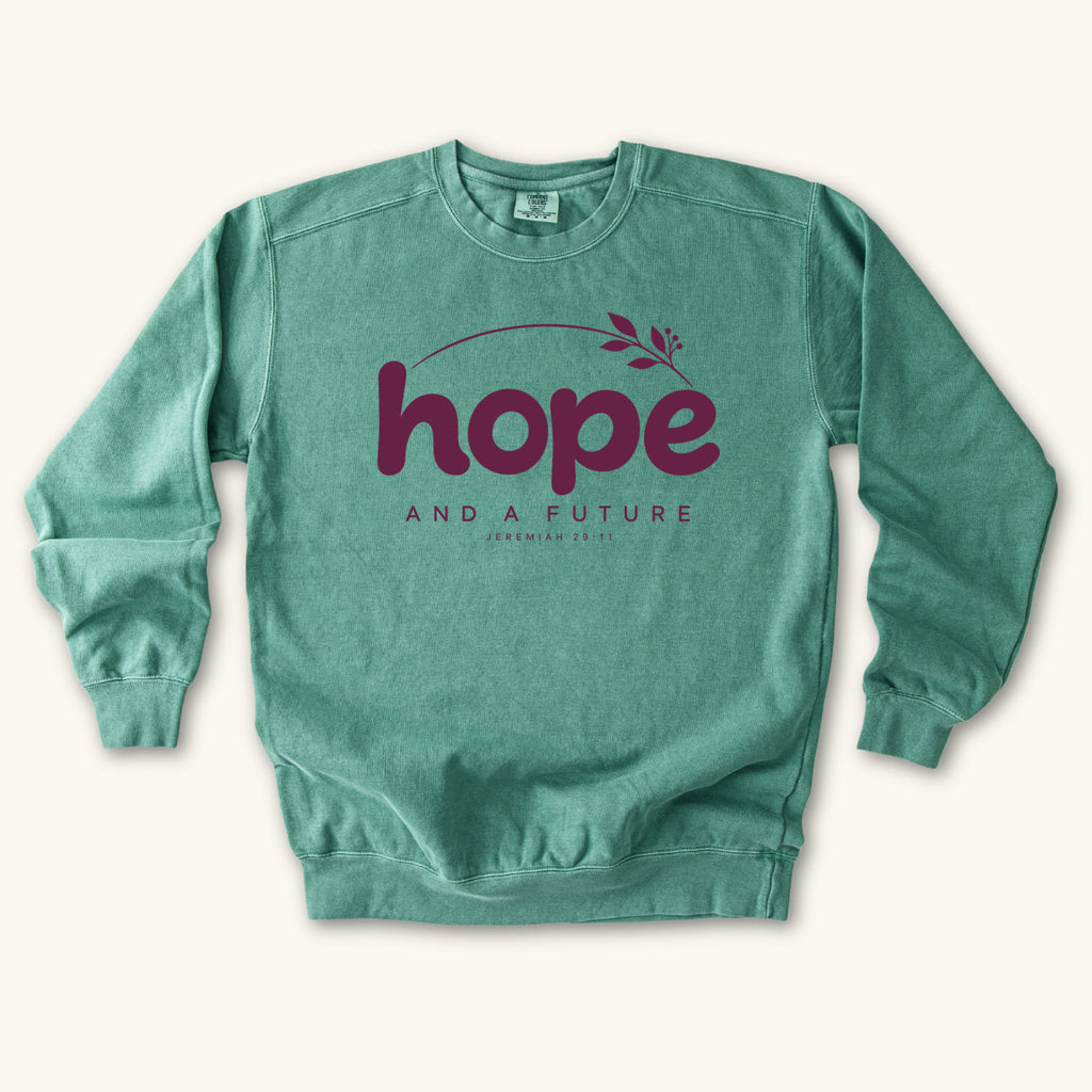 Light Green Hope and a Future Botanical sweatshirt flat lay mockup, Jeremiah 29:11 Christian apparel for women