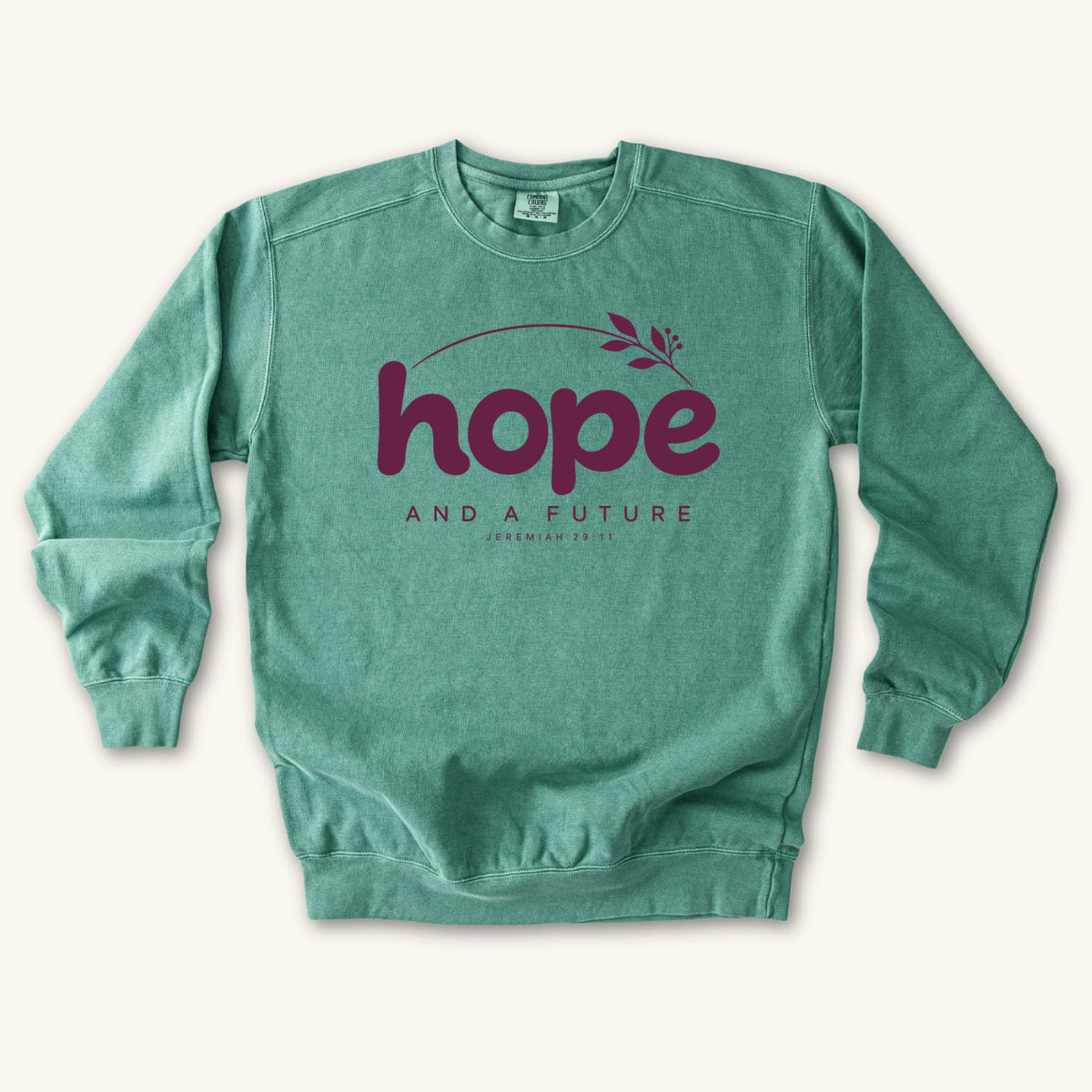 Light Green Hope and a Future Botanical sweatshirt flat lay mockup, Jeremiah 29:11 Christian apparel for women