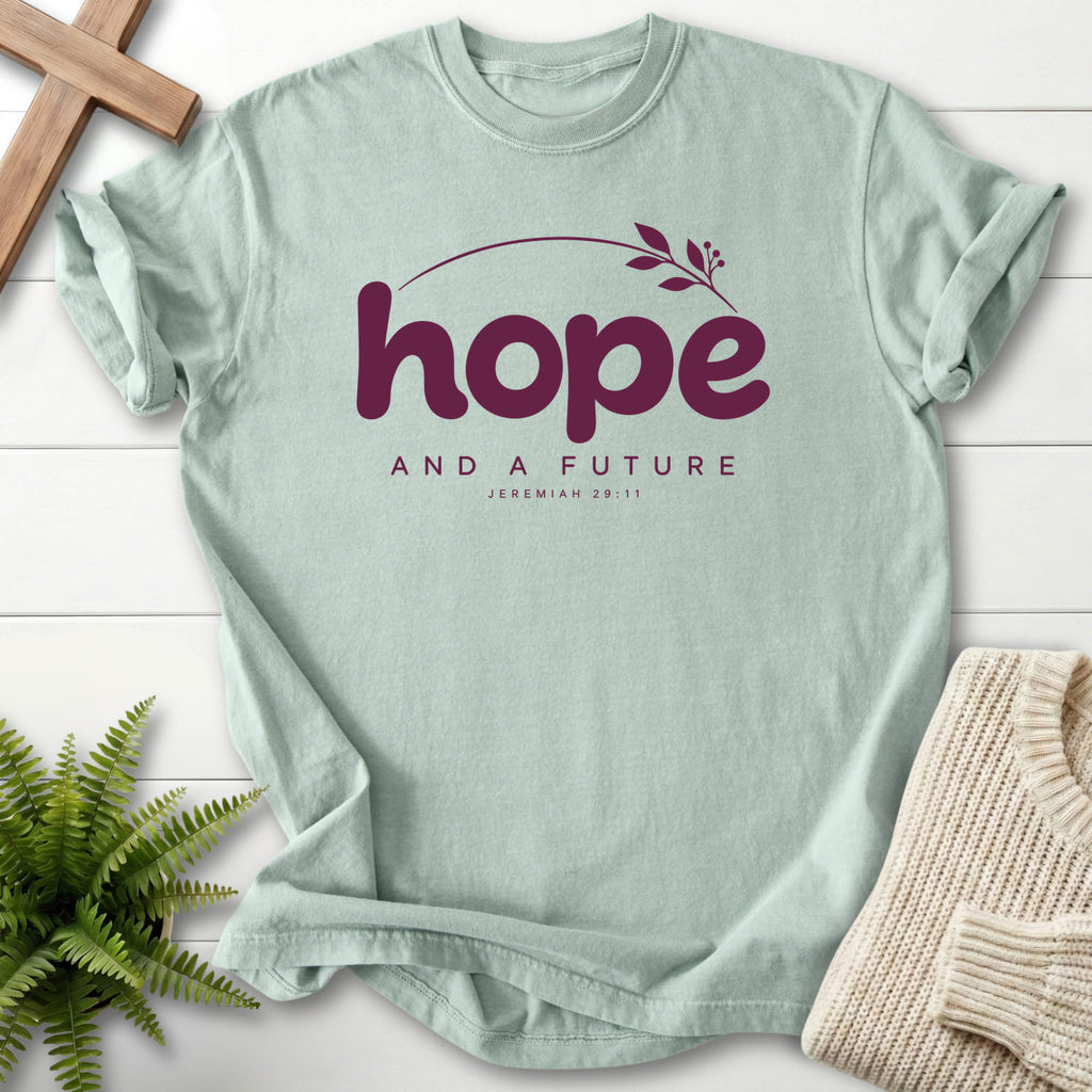 Bay Hope and a Future Botanical T-shirt flat lay mockup, Jeremiah 29:11 Christian apparel for women