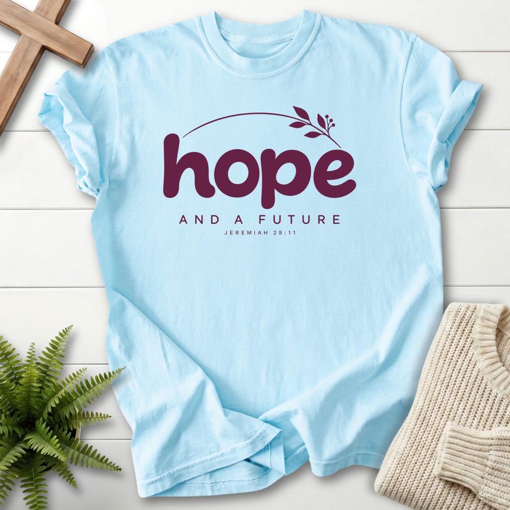 Chambray Hope and a Future Botanical T-shirt flat lay mockup, Jeremiah 29:11 Christian apparel for women