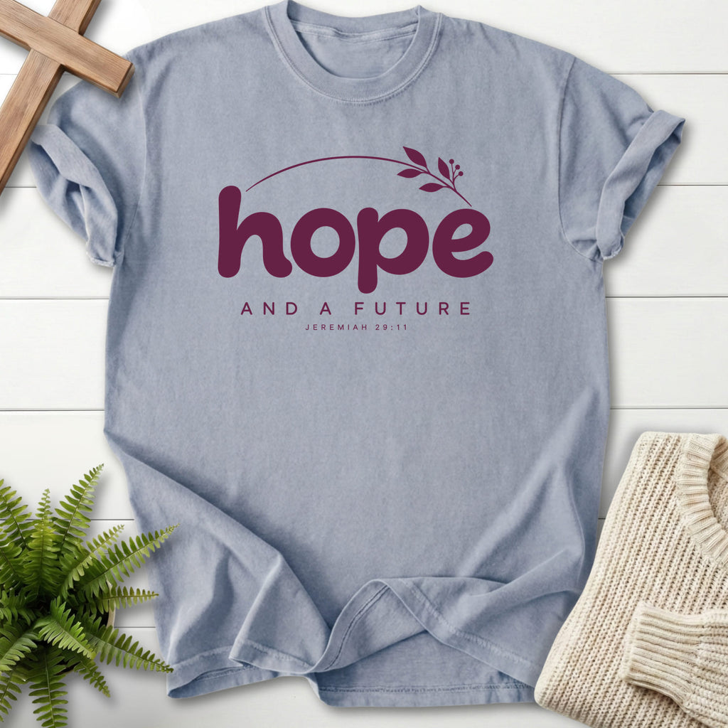Granite Hope and a Future Botanical T-shirt flat lay mockup, Jeremiah 29:11 Christian apparel for women