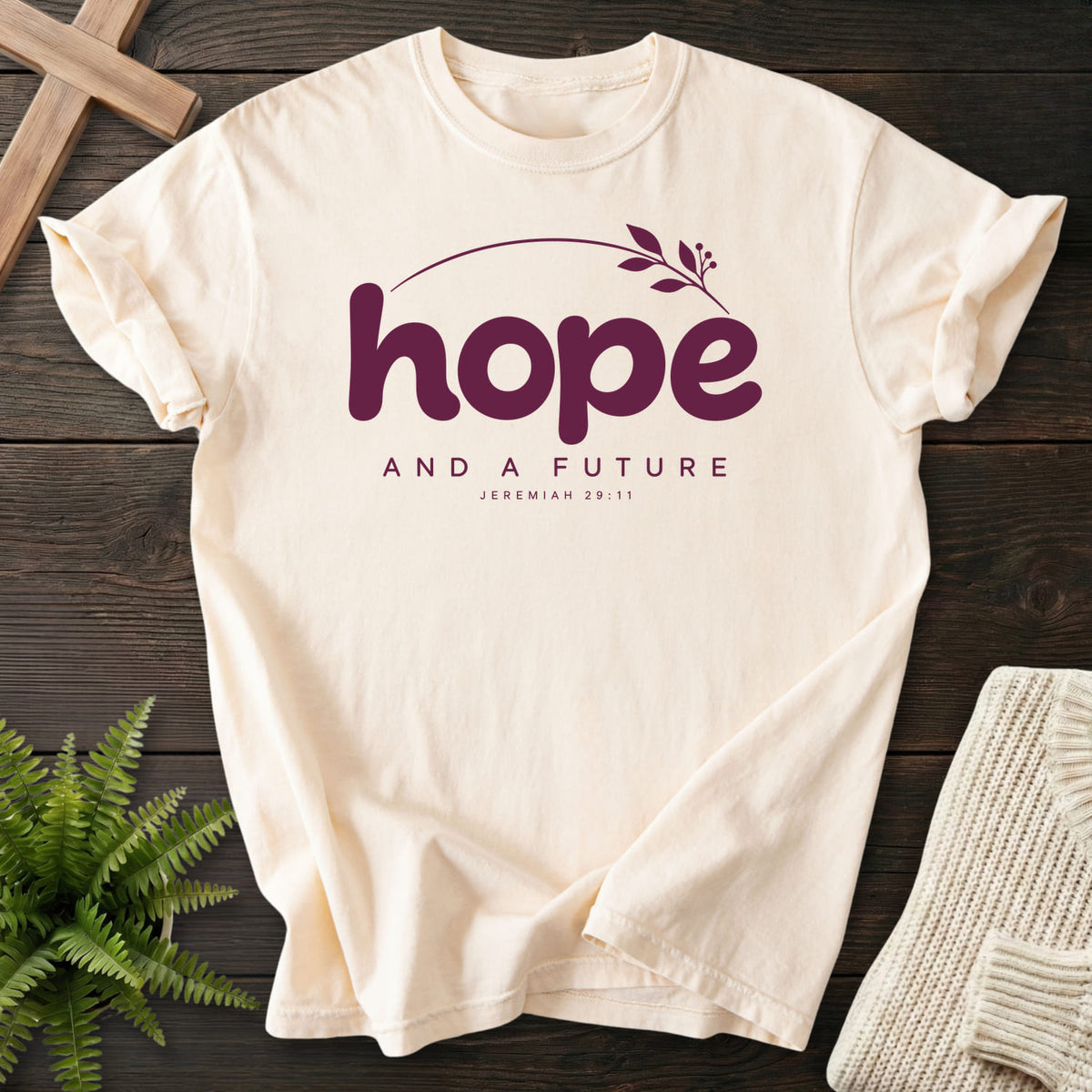 Ivory Hope and a Future Botanical T-shirt flat lay mockup, Jeremiah 29:11 Christian apparel for women