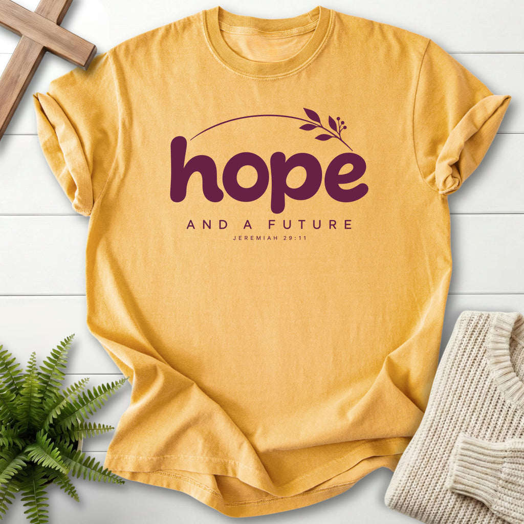 Mustard Hope and a Future Botanical T-shirt flat lay mockup, Jeremiah 29:11 Christian apparel for women