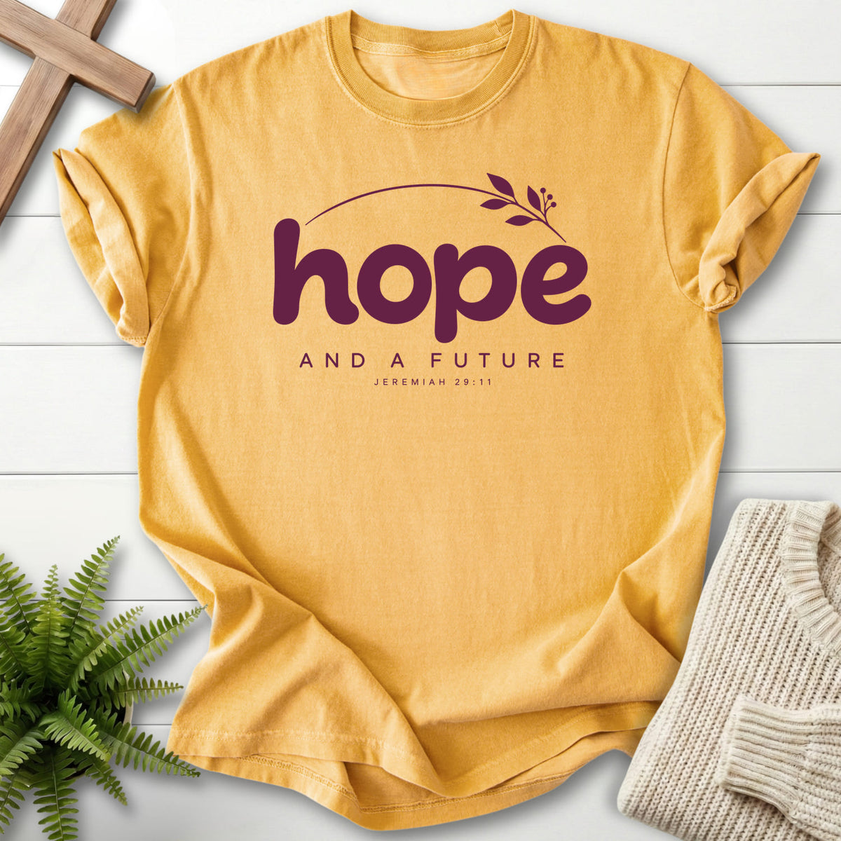 Mustard Hope and a Future Botanical T-shirt flat lay mockup, Jeremiah 29:11 Christian apparel for women