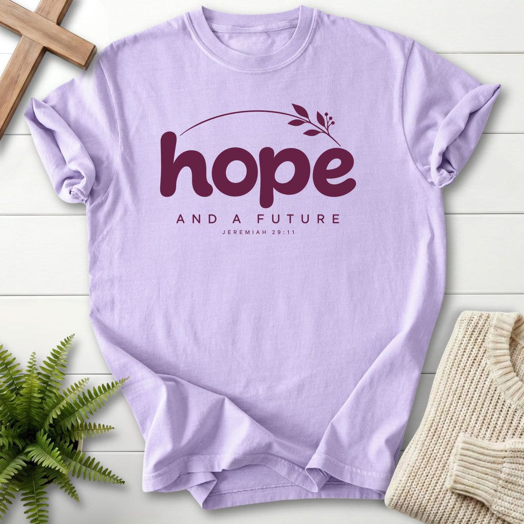 Orchid Hope and a Future Botanical T-shirt flat lay mockup, Jeremiah 29:11 Christian apparel for women