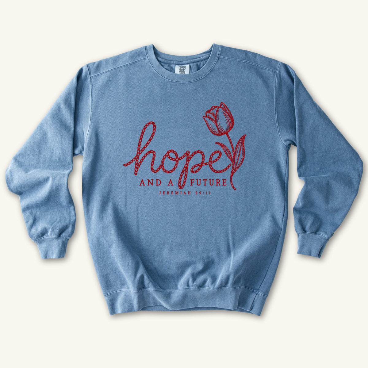 Blue Jean Hope and a Future Tulip sweatshirt flat lay mockup, Jeremiah 29:11 Christian apparel for women