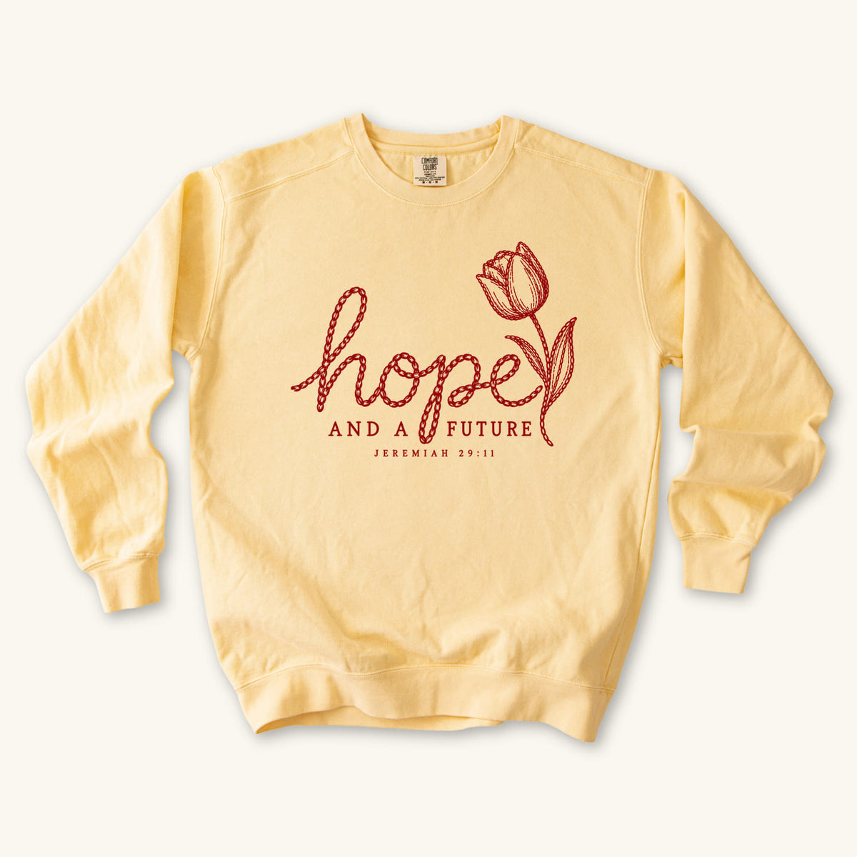 Butter Hope and a Future Tulip sweatshirt flat lay mockup, Jeremiah 29:11 Christian apparel for women