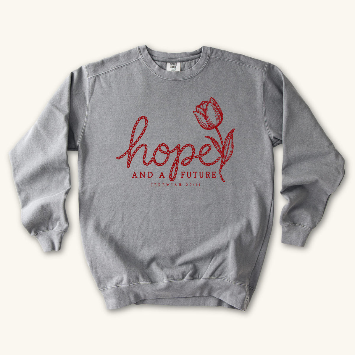 Grey Hope and a Future Tulip sweatshirt flat lay mockup, Jeremiah 29:11 Christian apparel for women
