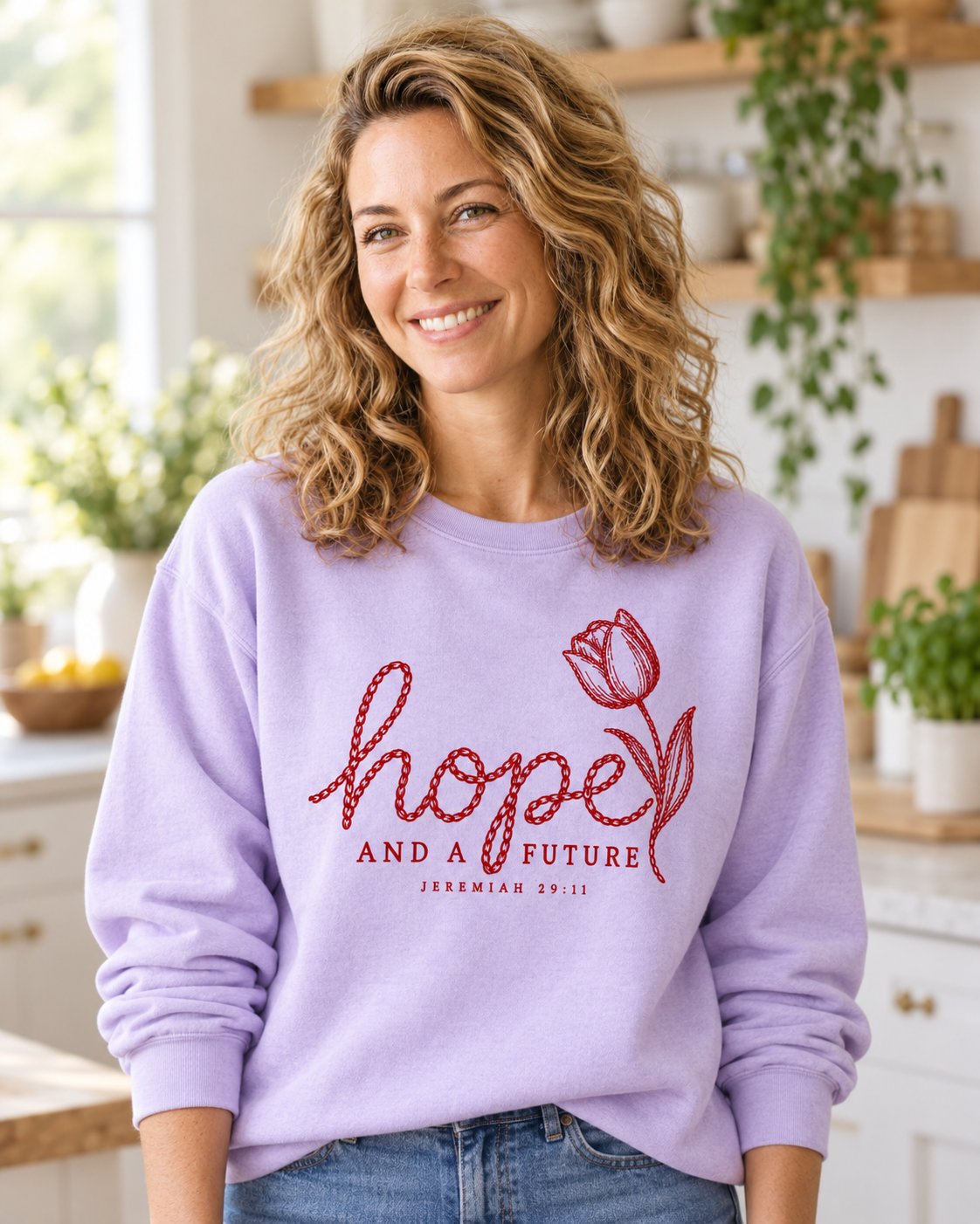 Hope and a Future Tulip, Orchid women's Christian sweatshirt, lifestyle photo in morning kitchen setting, Rope stitch script hope with a tulip line drawing, She Wears Faith