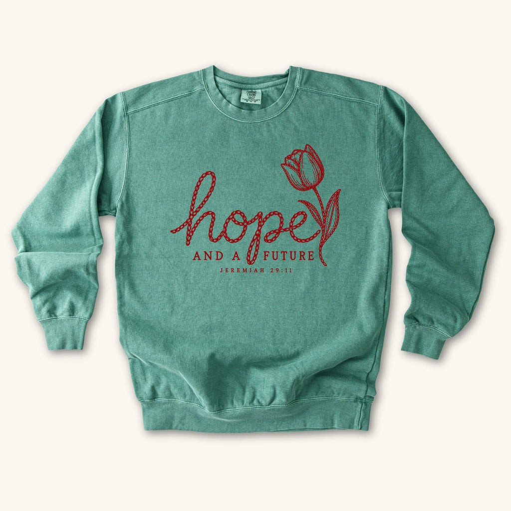 Light Green Hope and a Future Tulip sweatshirt flat lay mockup, Jeremiah 29:11 Christian apparel for women