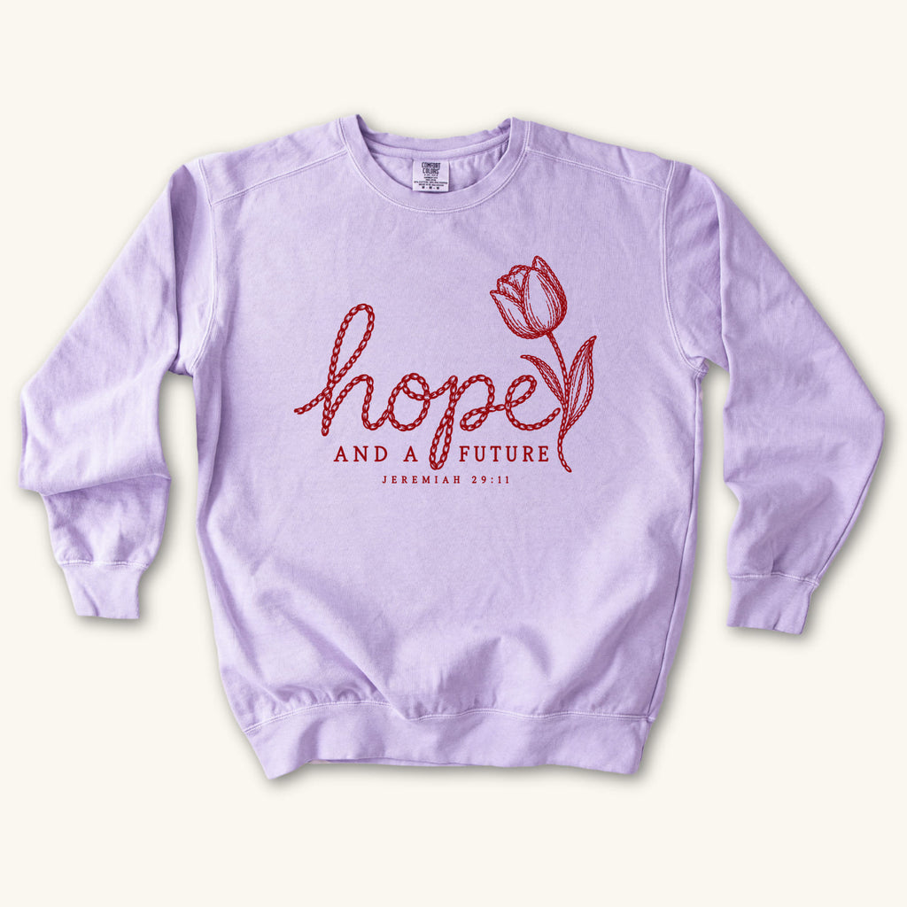Orchid Hope and a Future Tulip sweatshirt flat lay mockup, Jeremiah 29:11 Christian apparel for women