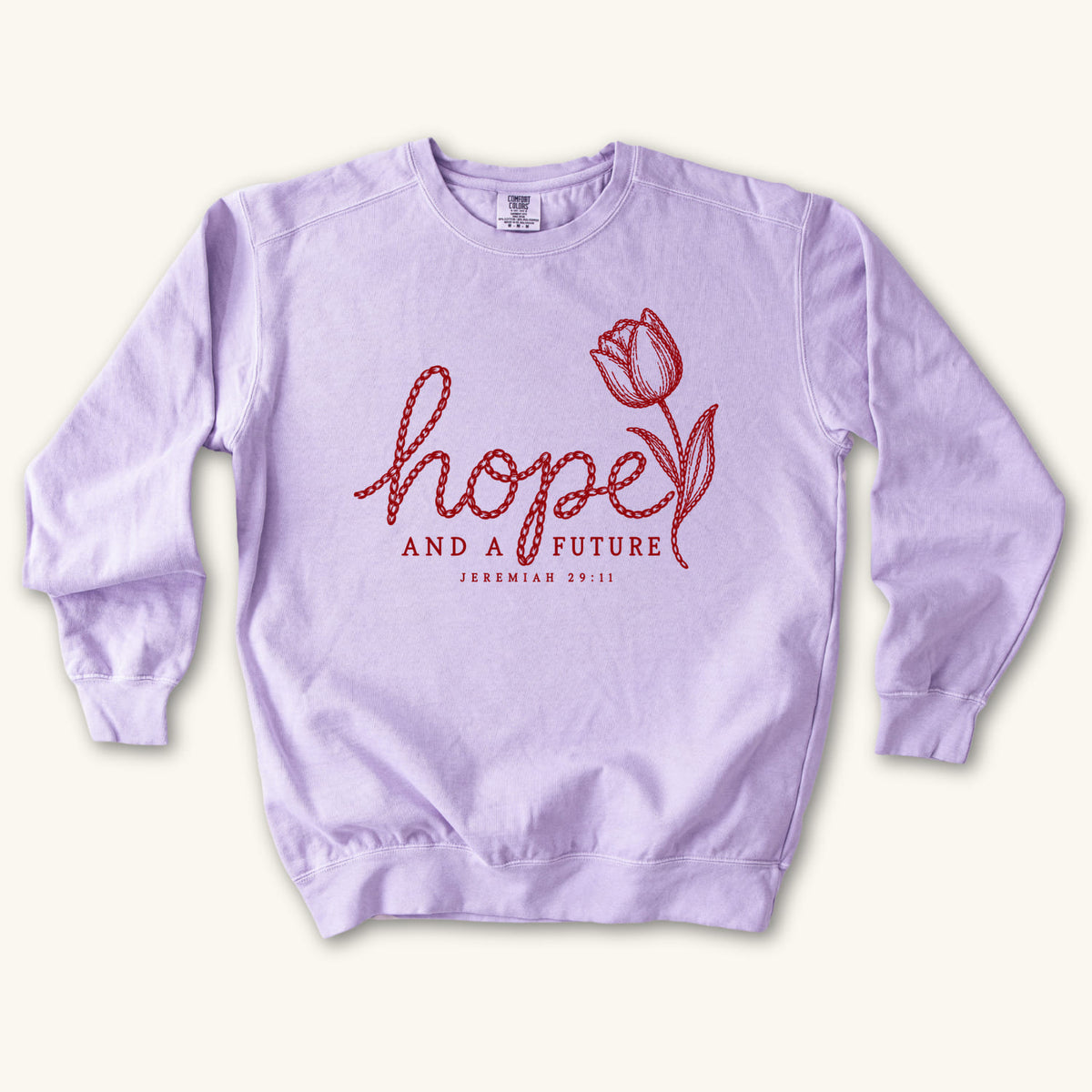 Orchid Hope and a Future Tulip sweatshirt flat lay mockup, Jeremiah 29:11 Christian apparel for women