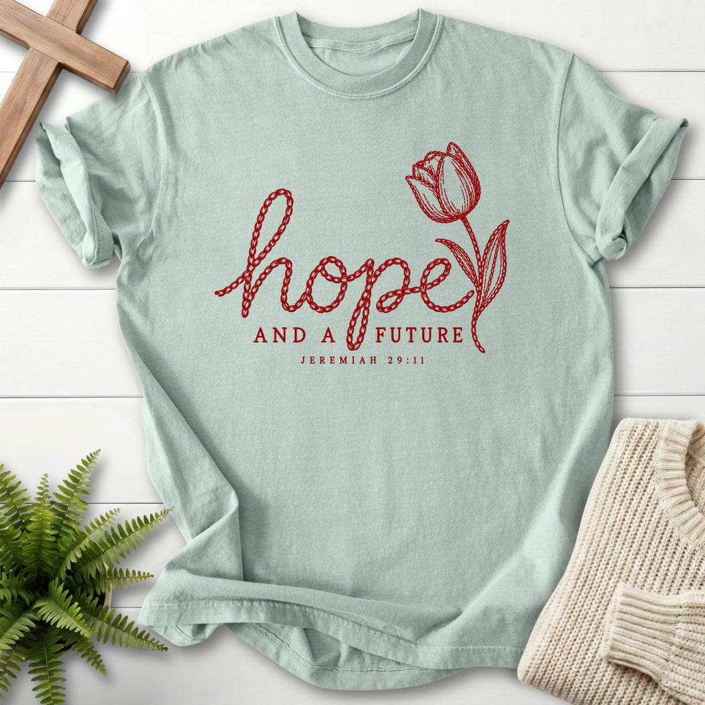Bay Hope and a Future Tulip T-shirt flat lay mockup, Jeremiah 29:11 Christian apparel for women