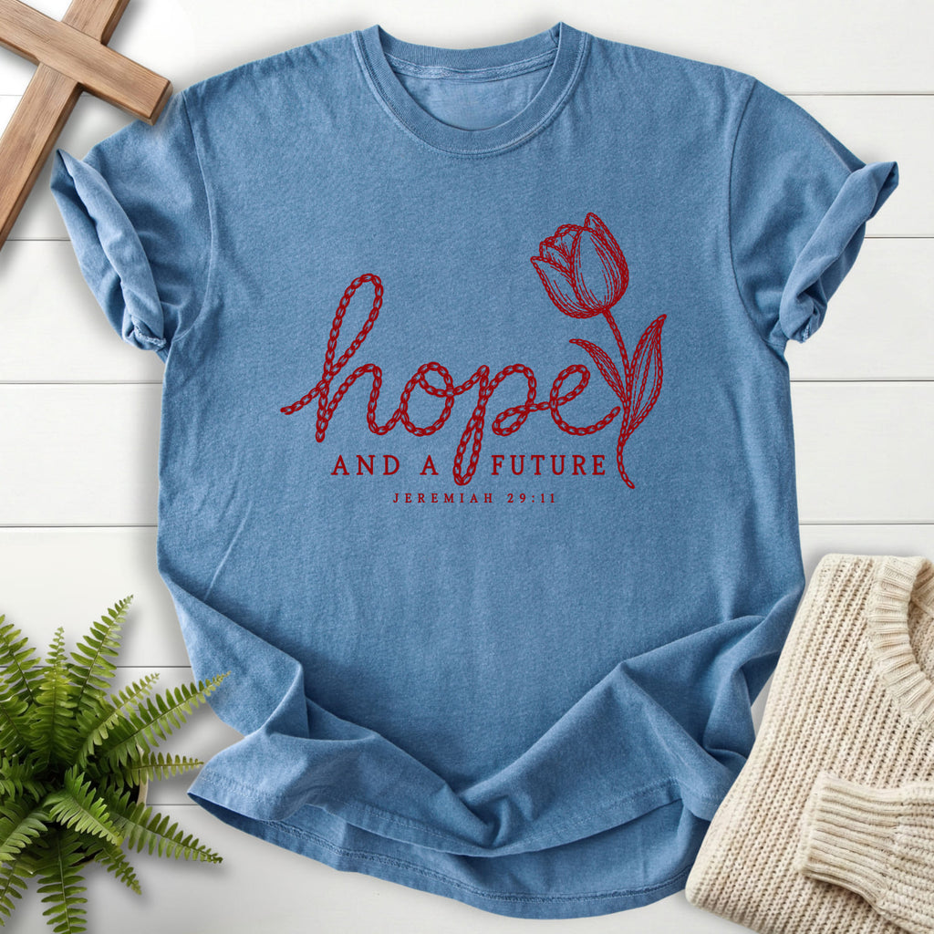 Blue Jean Hope and a Future Tulip T-shirt flat lay mockup, Jeremiah 29:11 Christian apparel for women