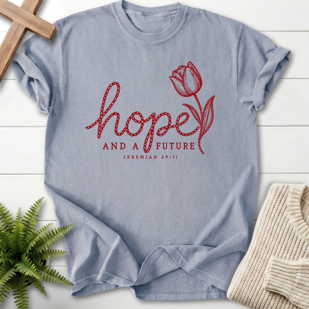 Granite Hope and a Future Tulip T-shirt flat lay mockup, Jeremiah 29:11 Christian apparel for women