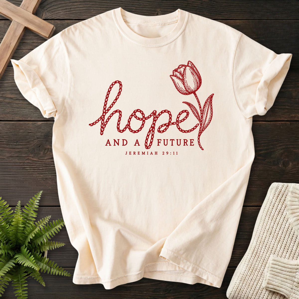 Ivory Hope and a Future Tulip T-shirt flat lay mockup, Jeremiah 29:11 Christian apparel for women